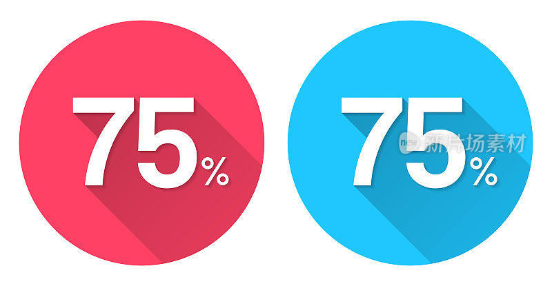 75% - 75%。圆形图标与长阴影在红色或蓝色的背景